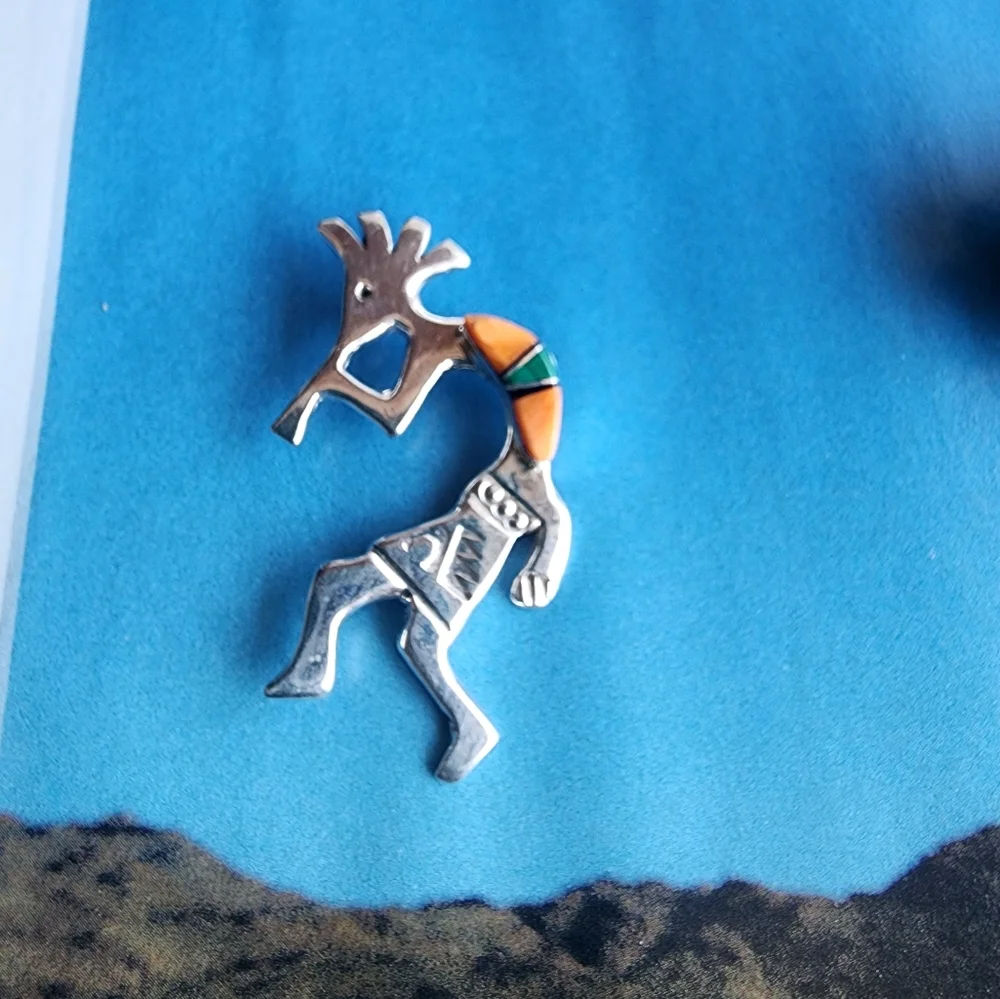 Silver Kokopelli Brooch with Apple Coral and Malachite Accents~ - Picture 8 of 8